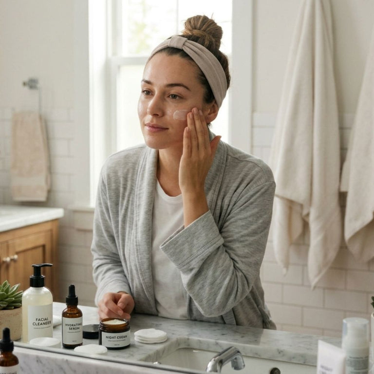 A woman in a gray cardigan and beige headband applies skincare cream to her face while looking at her reflection in a bright bathroom mirror. Several skincare bottles and jars are arranged on the counter in front of her.