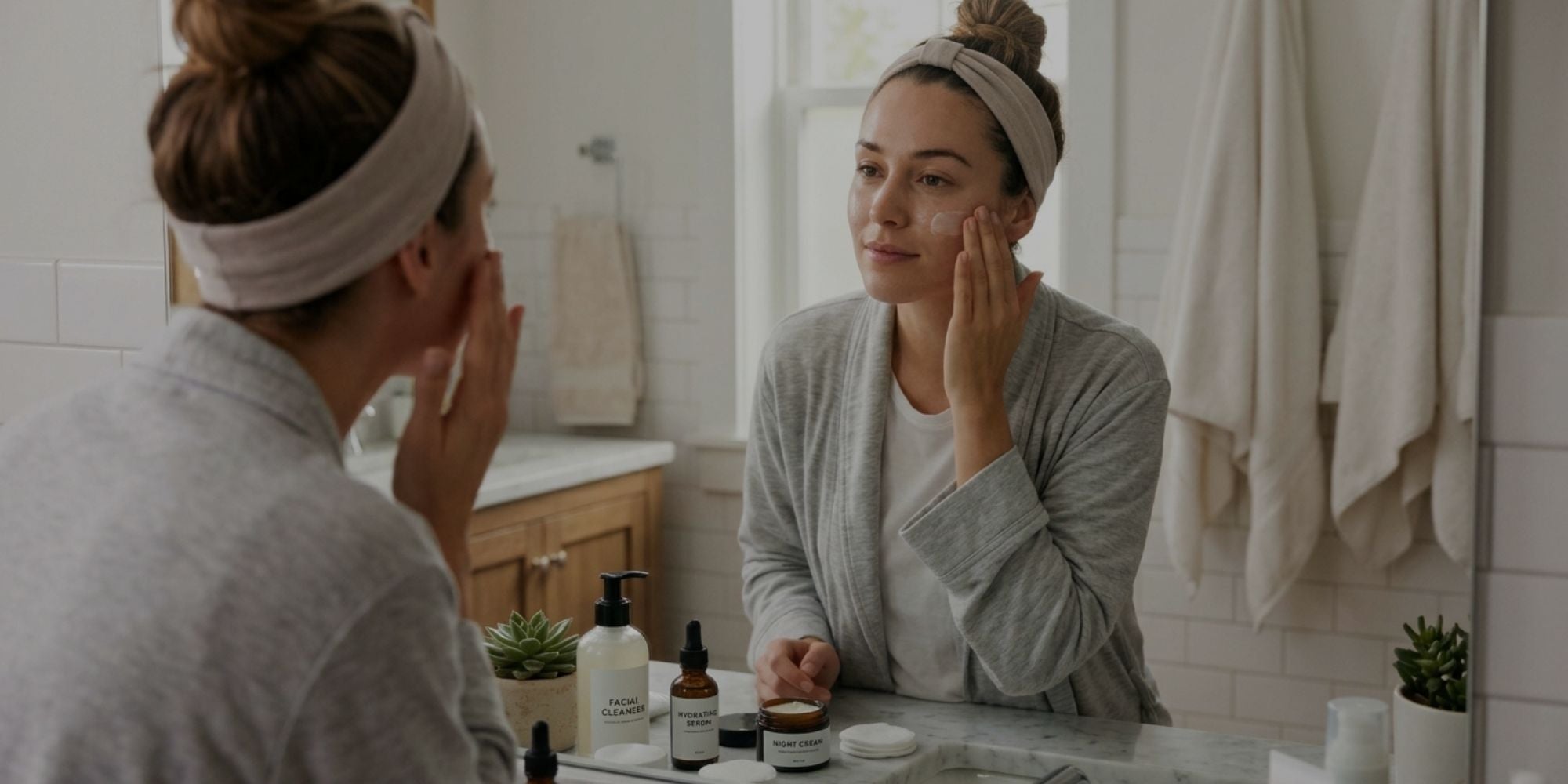 A woman in a gray cardigan and beige headband applies skincare cream to her face while looking at her reflection in a bright bathroom mirror. Several skincare bottles and jars are arranged on the counter in front of her.