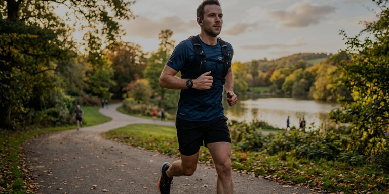 A man running on a park path near a lake at sunset, wearing a dark blue athletic t-shirt, black running shorts, and a black hydration backpack.